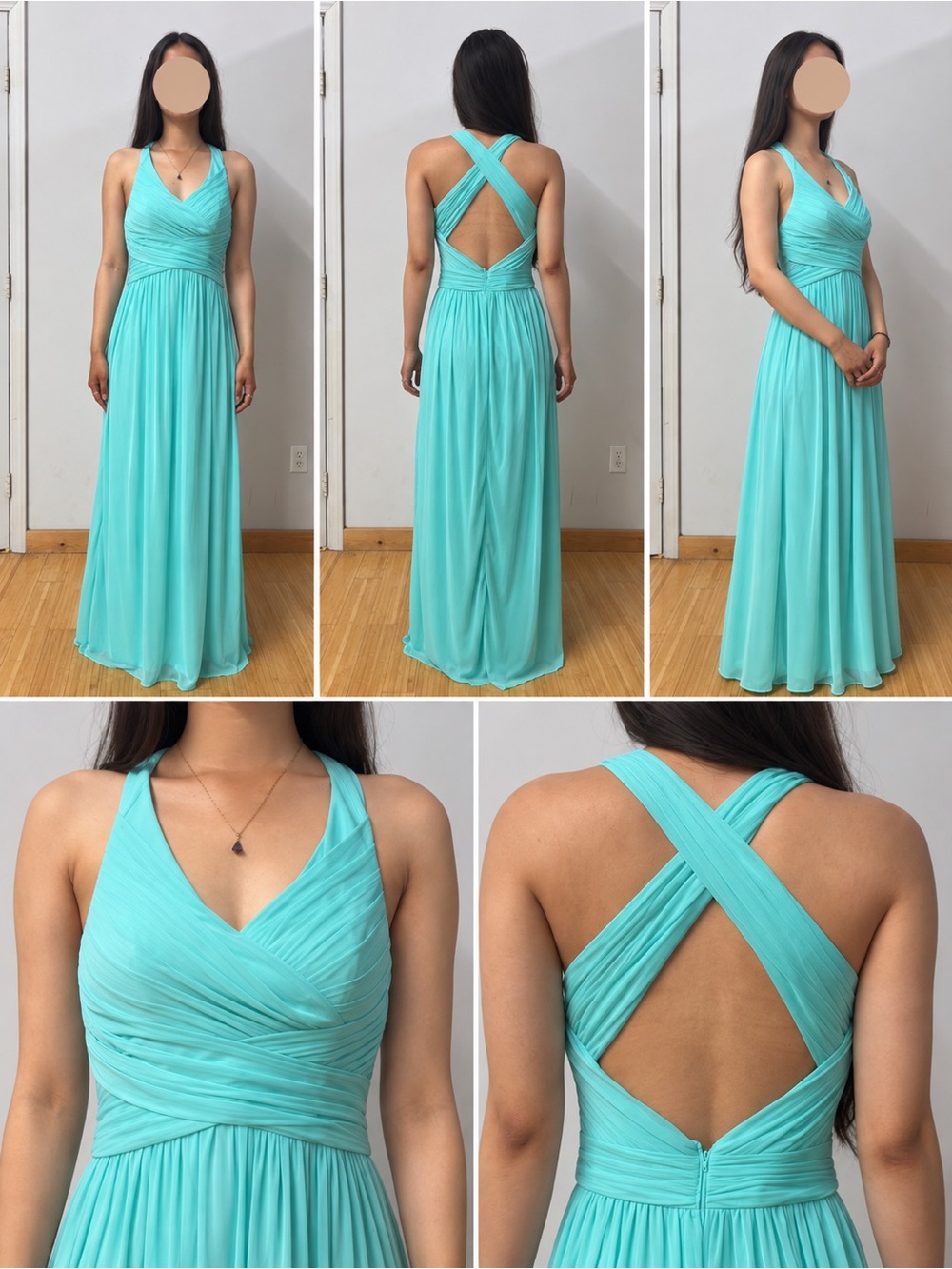 David's Bridal Aqua Sleeveless Crisscross Back V-Neck Maxi Dress